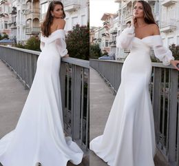 Satin Mermaid Wedding Dress 2021 Long Fuff Sleeve Sexy Lace Beach Bride Dresses Off The Shoulder Boho Bridal Gowns