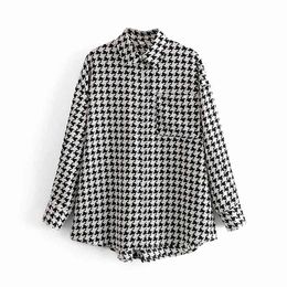 Vintage Stylish Pockets Oversized Houndstooth Plaid Jacket Coat Women Fashion Lapel Collar Long Sleeve Loose Chic Top 210520