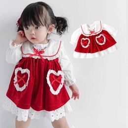 2Pcs Children Spanish Dress Baby Girls Rabbit Embroidery Shirt + Red Vest Dresses Toddler Spain Long Sleeve Lovely Frock 210615