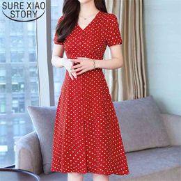 Fashion women dresses elegant summer red A-Line Dot Button Short V-Neck office Lady 3316 50 210510