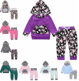 Ins Baby Clothes Flower Printed Girl Hooded Coats Pants 2PCS Sets Long Sleeve Newborn Suit Cute Child Clothing Sets Baby Clothing BT4425