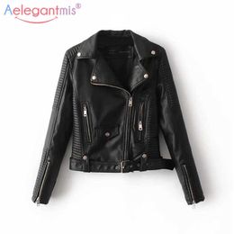 Aelegantmis Autumn Winter Classic Black Pu Leather Jacket Women Fashion Short Motorcycle Coat Female Faux Biker 210607