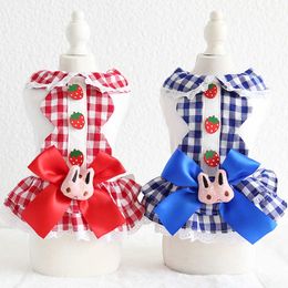 Newest Style Strawberry Buckle Bunny Red Blue Colors Xs-xl Sizes Summer Cool Pet Skirt with Large Bow Decor Dresses for Dog