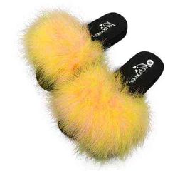 2020 Summer Women Ostrich Feather Slippers Fluffy Faux Fur Slides Flat Home Flip Flops Fuzzy Multiple Colour Sexy Party Shoes H1122