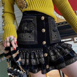 Handmade Black Gold Embroidery Skirt Women's Spring High Waist Single Breasted Lace Slim Female 5C184 210427