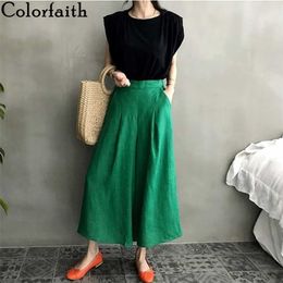 Colorfaith Women Summer Trousers Pantskirt High Elastic Waist Casual Cotton and Linen Wide Leg Ankle-Length Pants P6673 211115