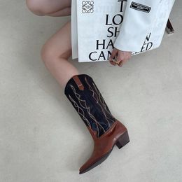 Boots 2021 Women Mid Calf Western Cowboy Pointed Toe Knee High Pull On Ladies Fashion Leather Motorcycle Botas Mujer