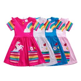 Jumping Metres Summer Princess Party Birthday Dresses With Pockets Unicorn Applique Fashion Baby Cotton Clothes Rainbow Kids 210529