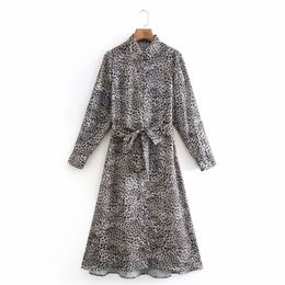 Spring Women Leopard Print Sashes Midi Shirt Dress Female Long Sleeve Clothes Casual Lady Loose Vestido D7132 210430