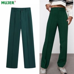 Za Woman Pants Green Straight Leg Baggy Women High Waist Fashion Office Wear Pant Suits Front Button Trousers 210915