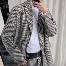 IEFB /men's wear korean style black white grid print suit coat men's oversize single breasted loose blazers for male 9Y3886 210524