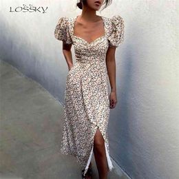 Puff Short Sleeve Women Summer Midi Dress Vintage V Neck White Floral Print French Style Sundress Sexy Slit Party Dresses 210730