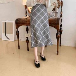 Velvet Thick Harajuku Long Skirt Korean grey Plaid Women Zipper High Waist Girl Pleated Vintage 210423