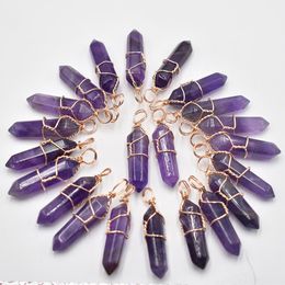 Natural amethysts stone pillar shape point handmade iron wire pendants for necklace earrings Jewellery making