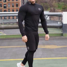 Men's Skinny Fitness 3 Pieces Sets Bodybuilding Cycling Stretch Tracksuits Tight Long Sleeve Sportswears+ 2 in 1 Leggings Pants 211222