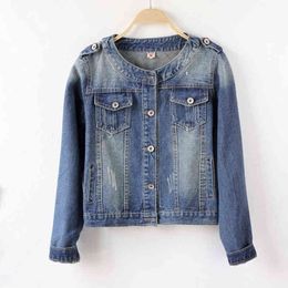 Women's Short Cropped Denim Blue Jacket Button Front Long Sleeves Jean Jackets For Women O Neck C0005 210514