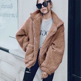 9 Colors S-3XL Elegant Faux Fur Thick Women Coat Casual Turn Down Zipper Plush Autumn Winter Warm Pocket Overcoat Plus Size W601 210526