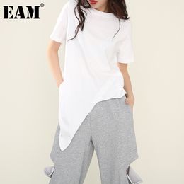 [EAM] Women White Irregular Split Joint Brief T-shirt Round Neck Short Sleeve Fashion Spring Summer 1W63700 210512