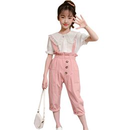 Children Clothes Lace Floral Girls Clothing Blouse + Jumpsuit Kids Girl Set Casual Style Kid 6 8 10 12 14 210527