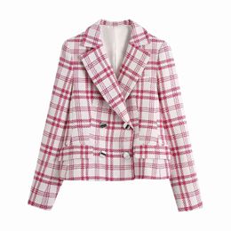 Ladies Double-breasted Lapel Check Textured Women's Jacket Chic Female Plaid Female Coat Tops 210507