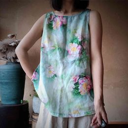 Johnature Print Lotus Tops Summer O-Neck Vintage Sleeveless Linen Women Casual All-match Loose Ramie Tanks 210521