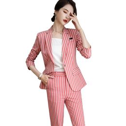 Women's Two Piece Pants 2021 Women Office Lady Striped Pant Suits OL Blazer Jackets With Ankle Length Trouser Pink Khaki Black Pieces Set