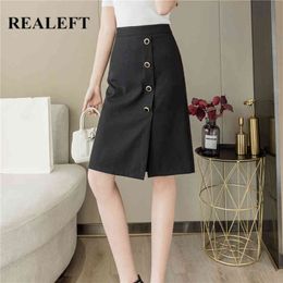 Summer Work Wear Buttons Elegant Women Sheath Midi Skirts Korean OL Style High Waist A-Line Female 210428