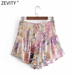 Zevity Women Fashion Floral Print Summer Ruffles Skirts Shorts Femme Chic Elastic Waist Lace Up Pantalone Cortos P1028 210603