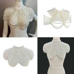 Women Imitation Pearl Beaded Bib Choker Necklace Body Chain Shawl Collar Jewellery