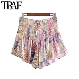 TRAF Women Chic Fashion Floral Print Smocked Shorts Vintage High Elastic Waist With Drawstring Female Short Pants Mujer 210724