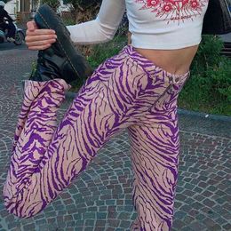 Zebra Printed Y2K Aesthetic Purple Flared Pants Women High Waist Zipper Long Trousers Animal Tiger Striped Sweatpants Female Y211115
