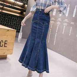 Summer Denim Skirt Women Mermaid Trumpet Long Ruffles Mid-calf Empire High Waist Jeans With Stretchy B02910B 210619