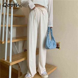 Qooth Ice Silk Wide Leg Drape Pants Women's Straight Elastic Waist Lace-up Pants Summer Solid Loose All-Match Casual Pants QT808 Y211115
