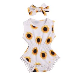 girl garments UK - Jumpsuits Baby Clothing Girl 0-18M Bodysuit Sunflower Sleeveless Back Up Fold Tassels Garment Bow Hair Band Toddlers