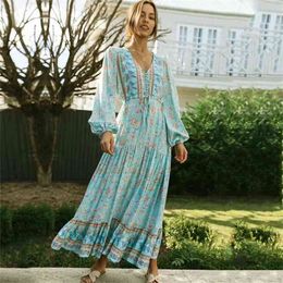 blue casual maxi dress women spring autumn long lace up waist floral boho elegant ladies sleeve 210427