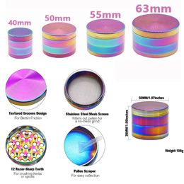 Unique Color Tobacco Grinder Multipurpose Accessories 40/50/55/63mm 4 Layers Colorful Metal Slicer Hand Muler Spice Dry Herb Crusher Optional Logo