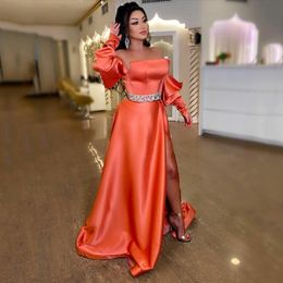 A-Line Satin Prom Dresses Strapless Beading Belt Lace Up Back Evening Gowns High Slit Long Puffy Sleeves Party