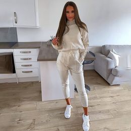 Spring Autumn Women's Solid Colour Sport Set Long Sleeve High-neck Sweatshirt and Dstring Pants Two-piece Tracksuit X0428