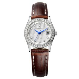 FLAMING Women Watch High Quality 4 Colors 316L Steel Case Bracelet Leather Strap Wristwatch Japanese Movement Diamonds Gift 25mm