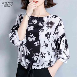 Korean Silk Shirt Women Summer Print Plus Size Office Lady Tops Blusas Mujer De Moda High Quality Blouses Femme 10159 210506