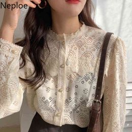 Neploe Lace Women Blouses Stand Neck Hollow Out See Through Shirt O-neck Puff Sleeve Blouse Loose Elegant Blusas Tops Ladies 210422