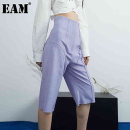 [EAM] High Waist Purple Spliced Cut Trousers Loose Fit Knee Length Pants Women Fashion Spring Summer 1DD7055 21512