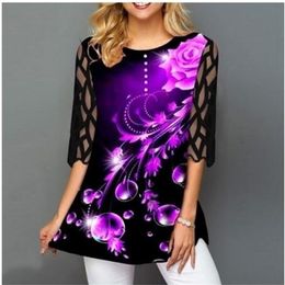 Plus Size 4xl 5XL Shirt Blouse Female Spring Summer New Tops O-neck Half Sleeve Lace Splice Print Boho Women shirt 210323