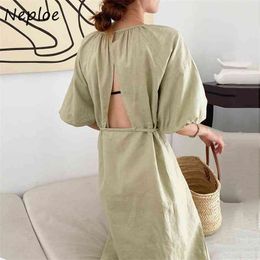O Neck Pullover Long Sleeve Solid Loose Dress Women High Waist Hip A Line Vestidos Sexy Backless Puff Robe 210422