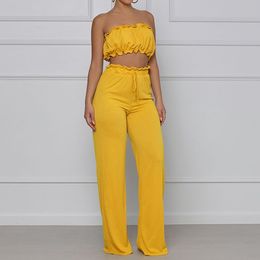 Two Piece Casual Chic Pants Suits Strapless Tube Top & High Waist Drawstring Loose Straight Pants Set 210521
