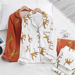 Japanese style ladies 100% cotton suit leopard print long-sleeved trousers Pyjamas suit spring autumn winter home service women 210928