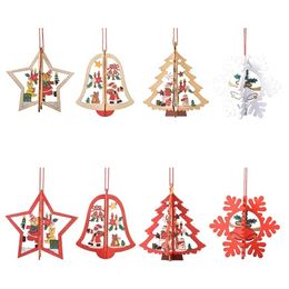 8 style Christmas Tree Pendant Wood Hollow Snowflake Snowman Bell Hanging Decorations Colourful Home Festival Christmas Ornaments Hanging T2I52561