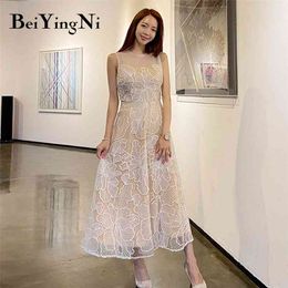 Mesh A Line Dress Elegant Sundress Embroidery Party Fashion Luxury Romance Maxi Casual Korean Style Dresses Robe Femme 210506