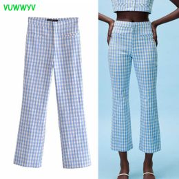 VUWWYV Za Flare Pants Women High Waist Blue Plaid Pants Summer 2021 Casual Mini Streetwear Trousers Women Pant Suits Q0801