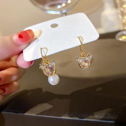 Hoop & Huggie Korean Fashion Elegant Asymmetric Bling Rhinestone Bowknot Dangle Earrings For Women Pearl Delicate Pendientes